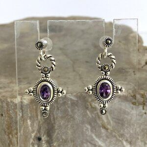 Sterling Silver 925 Oval Purple CZ & Marcasite Rope Accent Dangle Drop Earrings